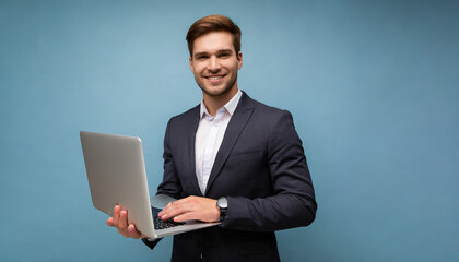 businessman working on laptop, Success in Focus: Manager Holding Laptop