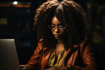 Woman wearing glasses is using laptop computer. This image can be used to illustrate technology, work, or education.