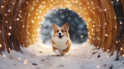 a cheerful dog outside a walk in the morning in the park arches merry Christmas and happy new year greeting card. - obrazy, fototapety, plakaty