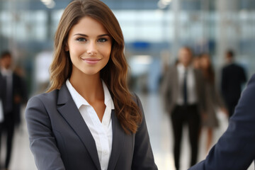 Naklejka premium Professional woman in business suit shaking hands with man in suit. Suitable for business-related concepts and corporate themes.