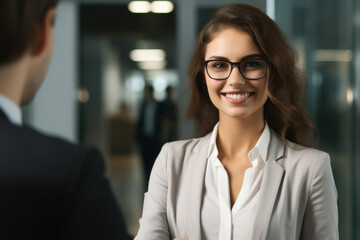 Woman wearing suit and glasses smiles warmly. This image can be used to portray confidence, professionalism, and approachability.