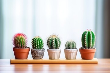 trio of tiny cacti in a row on a wooden windowsill - obrazy, fototapety, plakaty