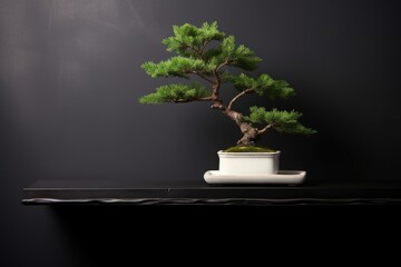 miniature bonsai tree on a minimalist black shelf