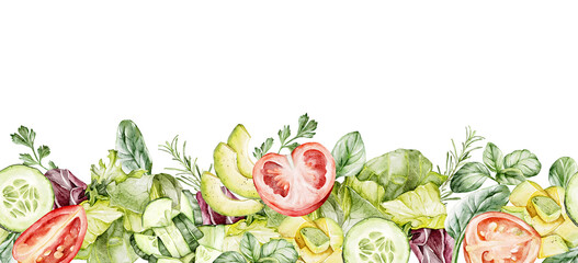 Seamless border of avocado, tomatoes, cucumbers, lettuce, greens for salad. Watercolor isolated clipart. Healthy food concepts for menu, recipes