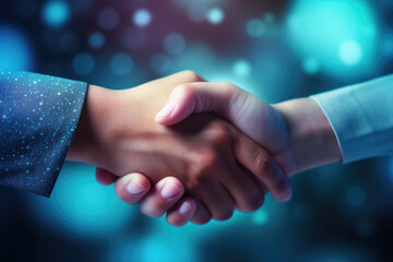 Close-up photograph of two people shaking hands. This image captures moment of professional handshake, symbolizing trust and agreement. Ideal for business and corporate themes.