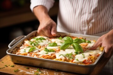 Obraz na płótnie Canvas hand into a tray of freshly baked lasagna