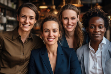Fototapeta premium Picture showing group of women standing next to each other. This image can be used to represent unity, teamwork, friendship, or gathering of friends.