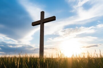 empty wooden cross against a beautiful sky