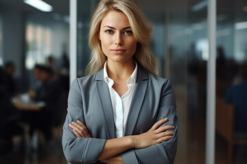 Professional woman wearing business suit stands confidently with her arms crossed. Confidence, success, professionalism, and determination in various business-related concepts.