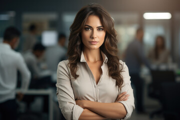 Fototapeta premium Professional woman standing in office with her arms crossed. This image can be used to portray confidence, professionalism, and leadership in corporate setting.