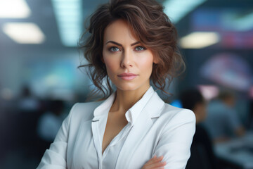 Fototapeta premium Woman in white shirt standing confidently with her arms crossed. This versatile image can be used to portray professionalism, confidence, and determination in various settings.