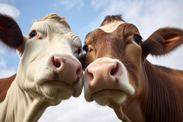 two cows touching heads