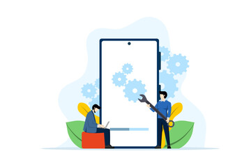 Concept of system maintenance, program and application update, technology, engineer, error, problem fix, device update, software upgrade process, system update, operating system update.