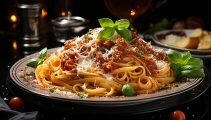 Fresh pasta with bolognese sauce, parmesan, and parsley on plate generated by AI