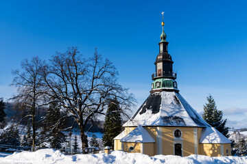 Seiffen Church in Christmas Village Ore Mountains in Saxony Germany at wintertime. - 670376501