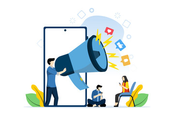 Social media marketing concept, strategy, online business, startup, trend, viral, like, hashtag and comment, flat vector illustration banner background for website landing page.