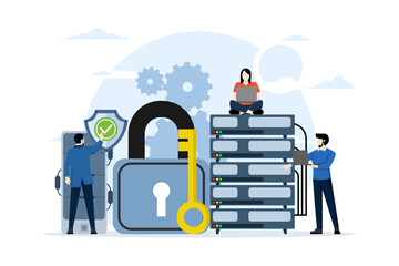 database security concept, data center, programming, engineer, technology, data transmission scheme, secure connection. server rooms, data centers, and databases. safe and secure flat vector.