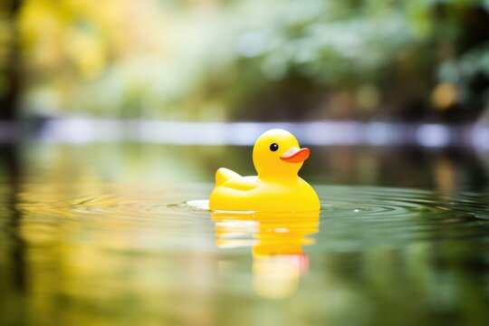 rubber duck floats alone in a pond