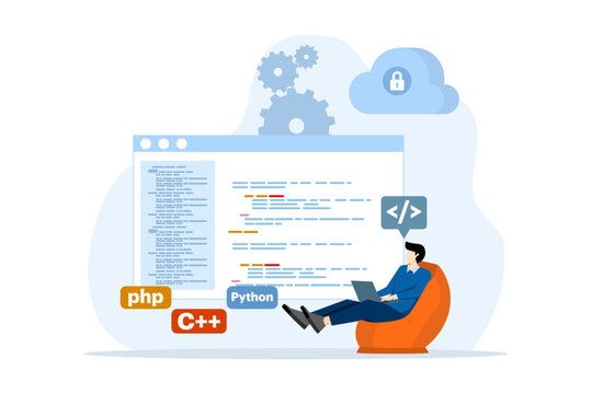 Web development or programming language concept. css, html, IT, ui. Cartoon character programmer developing website, coding. Software developer with laptop. Vector illustration on white background.