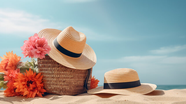 南国のビーチと夏の麦わら帽子
