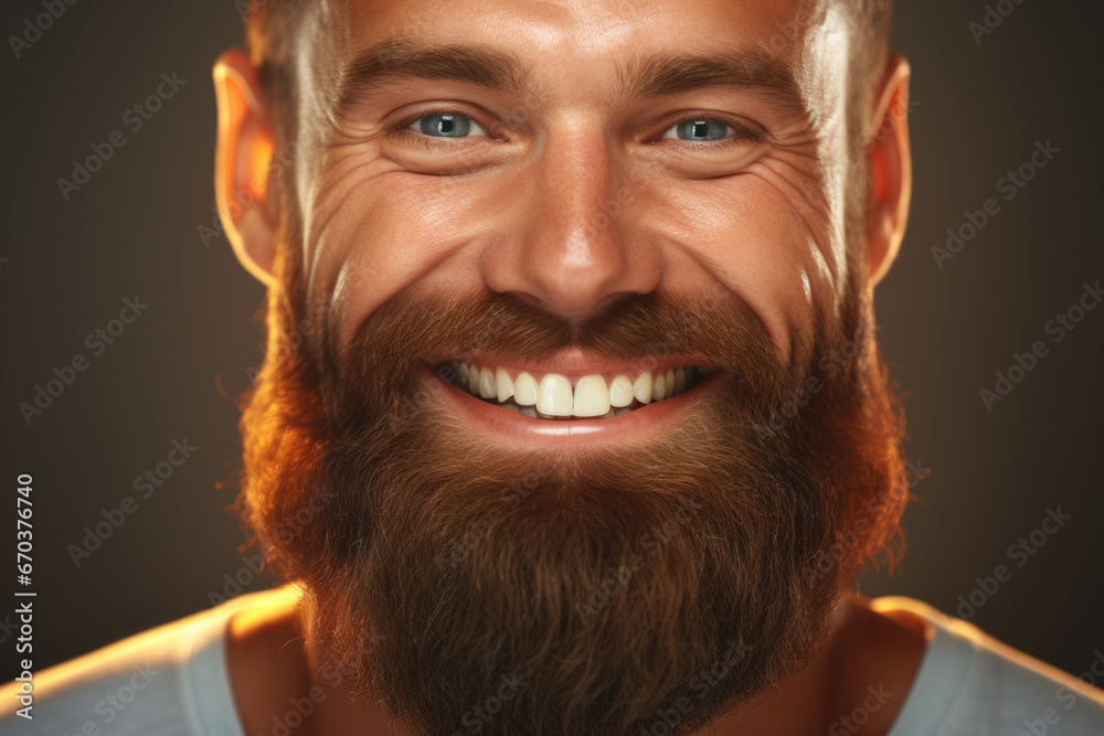 Wall mural close-up photograph of man with beard smiling. this image captures joy and happiness on his face. id