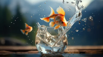 Poster Fish leap out from a glass into a lake, bigger wider environment. Concept of courage to leave the comfort zone or free oneself for the better © KikkyCNX