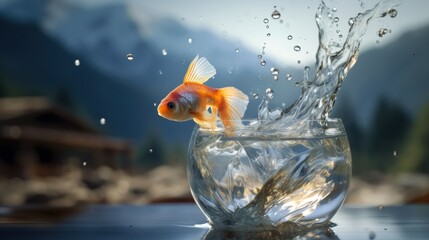 Fish leap out from a glass into a lake, bigger wider environment. Concept of courage to leave the comfort zone or free oneself for the better