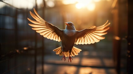 Fototapeta premium A bird frees itself flying out of the cage with morning sunlight in the background. Freedom, courage, independence, liberty, and release concept.