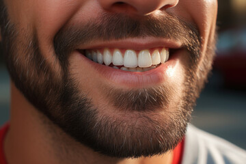Obraz premium Close up shot of man with beard smiling. This image can be used to portray happiness, confidence, or positivity in various contexts.