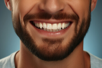 Close-up photograph of man with beard wearing smile. This image can be used to depict happiness, positivity, or facial expressions. - obrazy, fototapety, plakaty