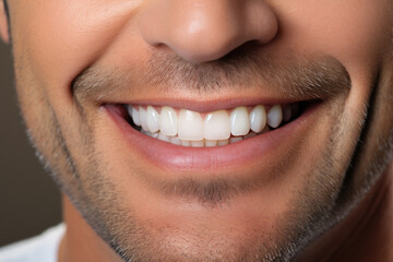 Fototapeta premium Close-up image of man with toothbrush in his mouth. This image can be used to illustrate oral hygiene practices or dental care.