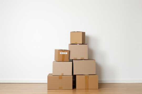 a stack of moving boxes against a white wall
