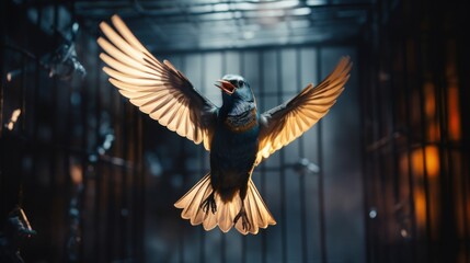 A bird frees itself flying out of the cage with morning sunlight in the background. Freedom, courage, independence, liberty, and release concept.