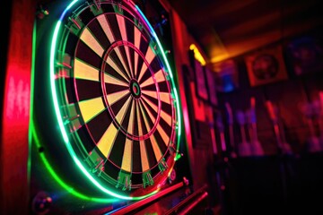 a neon-lit dartboard with a dart in the bullseye