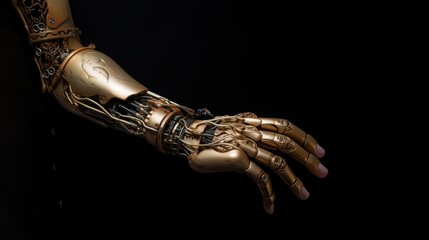 Close up of a golden bronze detailed humanoid robotic hand on dark background