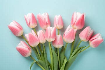 Beautiful bouquet of pink tulips against vibrant blue background. Perfect for springtime designs and floral themes.