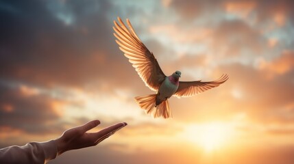 Hand lets the bird go, releases it or sets it free with morning sunlight in the background. Freedom, set free, independence, liberty, and release concept. - obrazy, fototapety, plakaty
