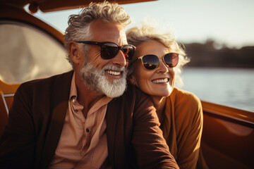 Picture of man and woman sitting on boat. This image can be used to depict peaceful and romantic moment on water. - Powered by Adobe