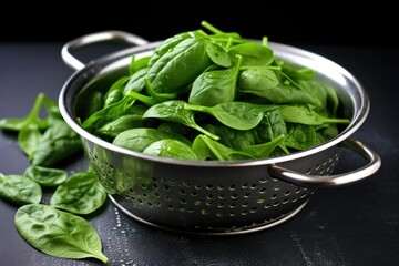 raw spinach in a silver colander - obrazy, fototapety, plakaty
