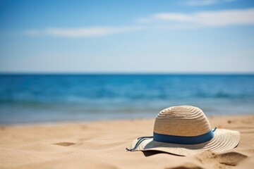 a single sun hat left on a beach