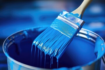 closeup of a paintbrush dipping in a blue paint bucket - obrazy, fototapety, plakaty