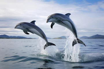 Fototapeten a pair of dolphins teaching their young to leap © Natalia