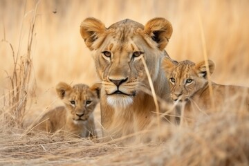 lioness protecting cubs in the savanna