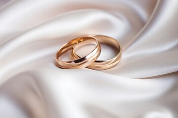 two wedding rings interlocked on white satin
