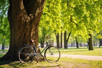 bicycle leaning against a tree in a park
