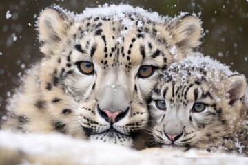 a snow leopard cuddling with her cub on a snowy ground