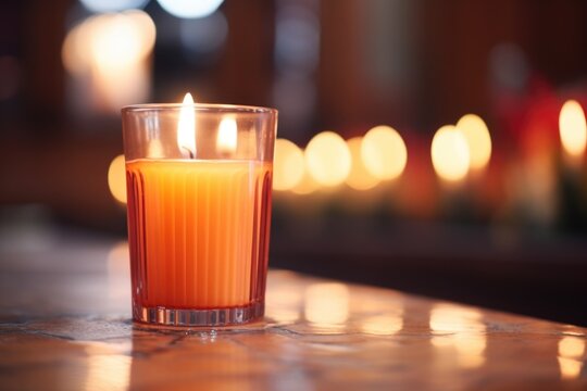 close-up of a wax candle burning on a church altar
