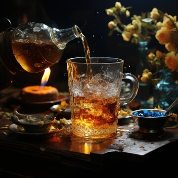Pouring sweet tea into a glass cup with a plain and elegant background, the concept of relaxing and enjoying life is good for cafes, sales, catalogues, blogs, advertising etc. Generative Ai Image