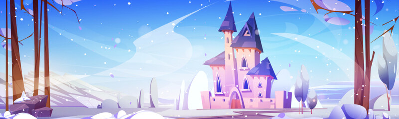 Winter cartoon landscape with fairytale royal castle near mountains, snowy ground and trees. Medieval palace with windows and doors, towers and gates. Path leads to the entrance to the fortress.