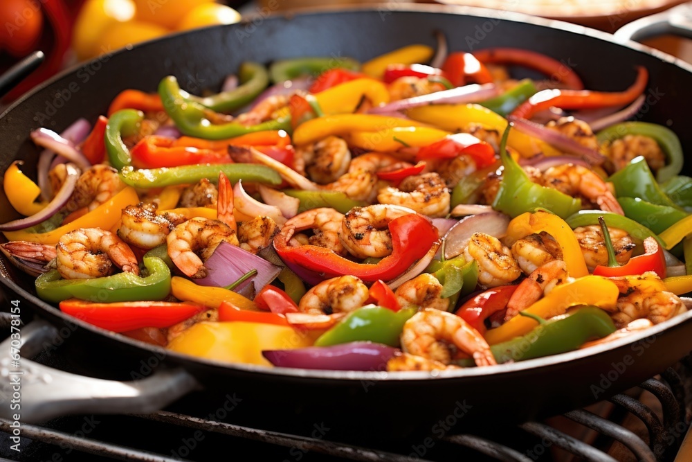 Poster shrimp stir fry with colorful bell peppers in a wok